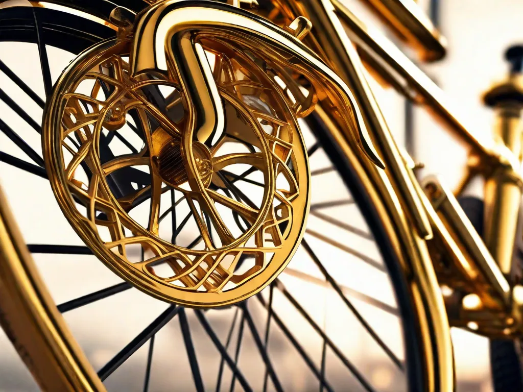 Uma imagem em close-up de uma bicicleta luxuosa e sólida de ouro, brilhando sob a luz do sol. Os detalhes intricados do quadro e guidão dourados chamam a atenção, mostrando o ápice da opulência e extravagância no mundo do ciclismo.
