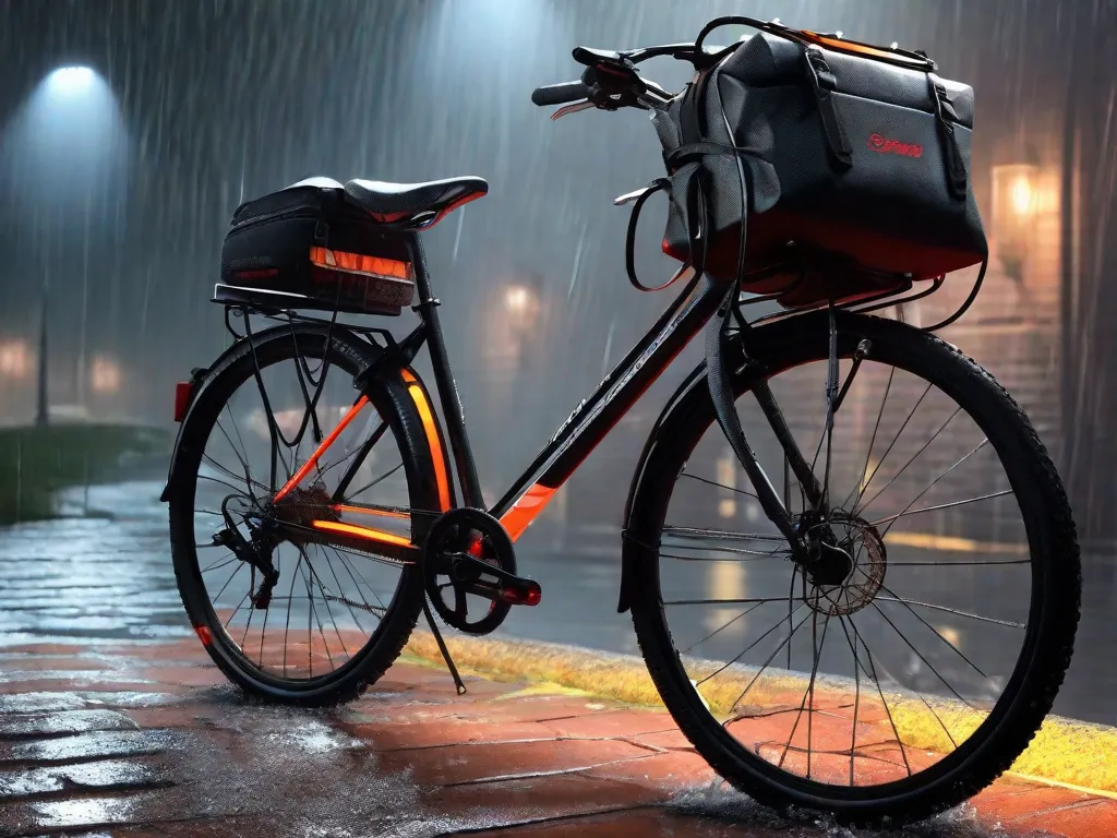 Uma bicicleta estacionada contra uma parede de tijolos, equipada com para-lamas e pneus para todas as condições climáticas. Uma bolsa impermeável tipo alforje está presa ao bagageiro traseiro, e um conjunto de luzes LED brilhantes está montado no guidão e no poste do selim para visibilidade em condições de chuva.