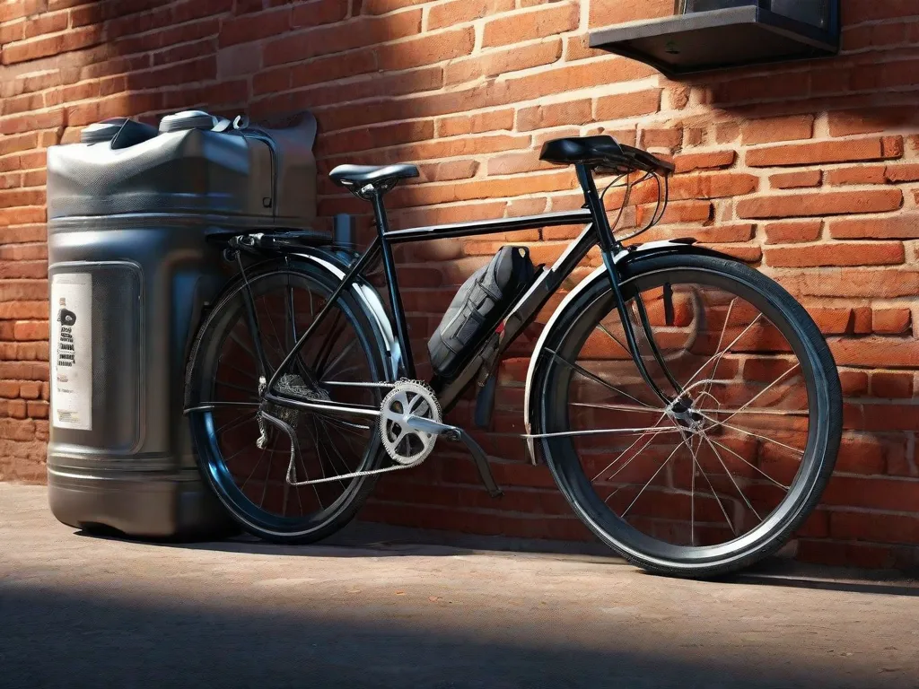 Uma bicicleta encostada em uma parede de tijolos desgastada pelo tempo, equipada com uma elegante bolsa alforje preta, uma resistente garrafa de água de metal em um suporte, um kit de ferramentas compacto sob o assento e luzes LED brilhantes presas ao guidão dianteiro e atrás, sob o assento.