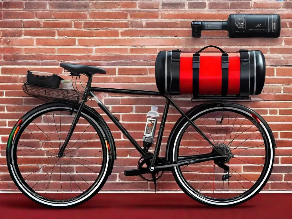 Uma bicicleta está apoiada contra uma parede rústica de tijolos, equipada com elegantes luzes de LED, um resistente bagageiro preto sobre a roda traseira e uma vibrante garrafa de água vermelha em um suporte. Um computador de ciclismo sem fio está montado no guidão, e manoplas ergonômicas adornam as extremidades.