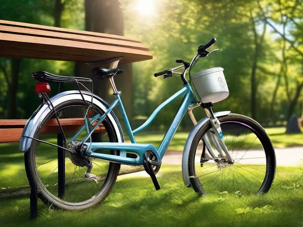 Uma imagem serena de uma bicicleta encostada em um banco de madeira em um parque tranquilo, com um capacete repousando no assento e uma garrafa de água no suporte da bicicleta, cercada por árvores com a luz suave do sol filtrando através das folhas, sugerindo um momento calmo de descanso durante um passeio.