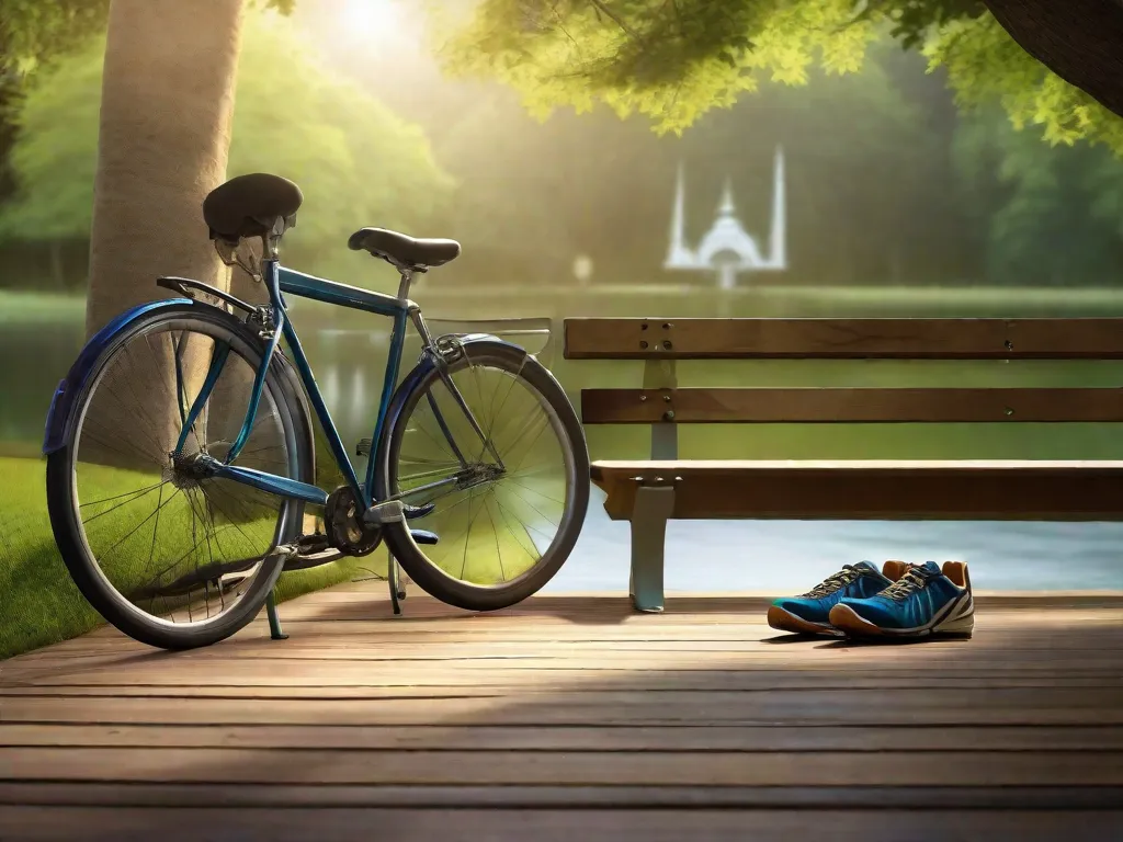 Uma imagem serena de uma bicicleta encostada em um banco de madeira em um ambiente tranquilo de parque. Em primeiro plano, um par de sapatilhas de ciclismo bem usadas e um capacete repousam no chão, simbolizando um ciclista fazendo uma pausa pacífica para esticar e relaxar os músculos após uma longa pedalada.