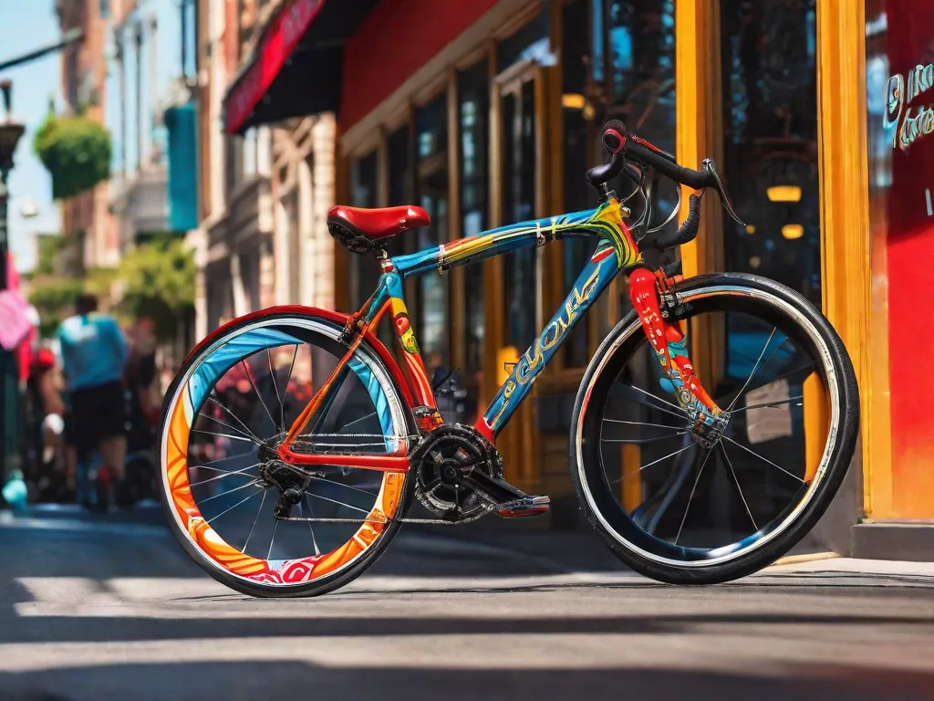 Uma imagem vibrante e cativante de uma bicicleta pintada sob medida, exibindo designs intricados e cores ousadas. A bicicleta se destaca em meio a um cenário de uma rua ensolarada da cidade, exalando individualidade e criatividade. Essa imagem captura perfeitamente a essência da personalização e da autoexpressão no mundo do ciclismo.