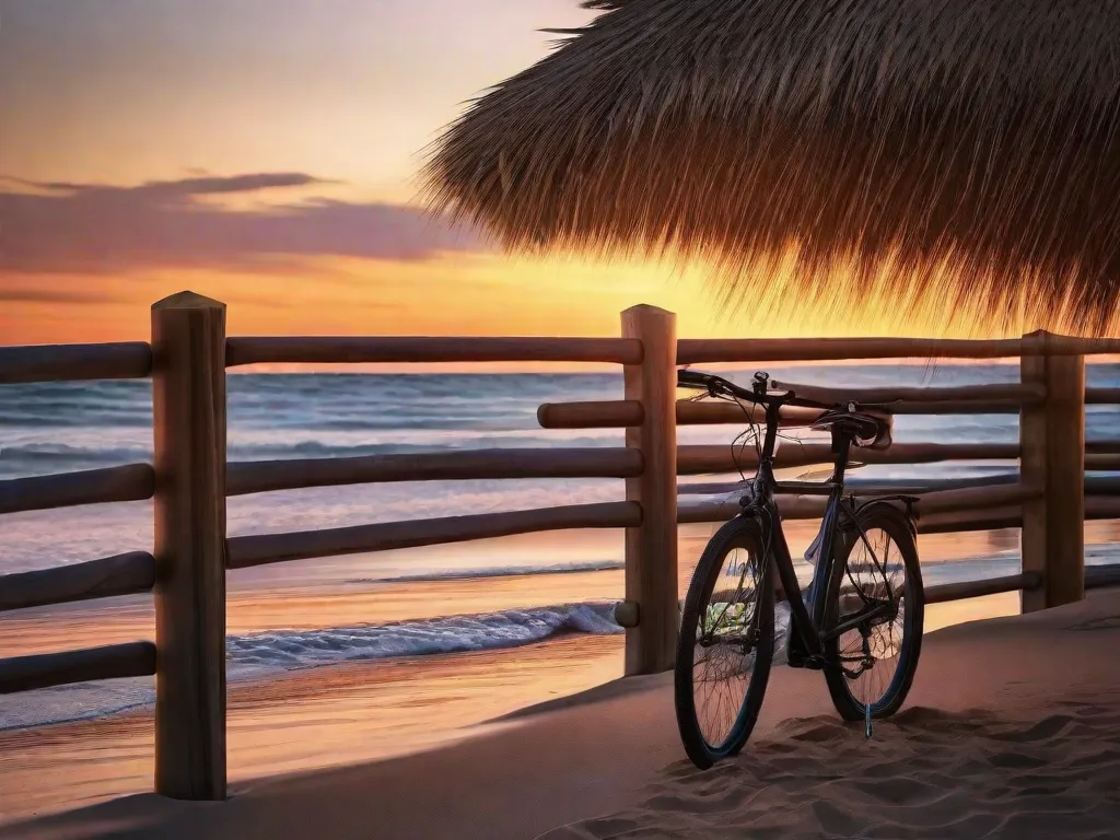 Uma imagem serena de uma bicicleta encostada em uma cerca de madeira em uma praia tranquila ao pôr do sol, com as ondas calmas ao fundo, refletindo o bem-estar emocional através do ciclismo.