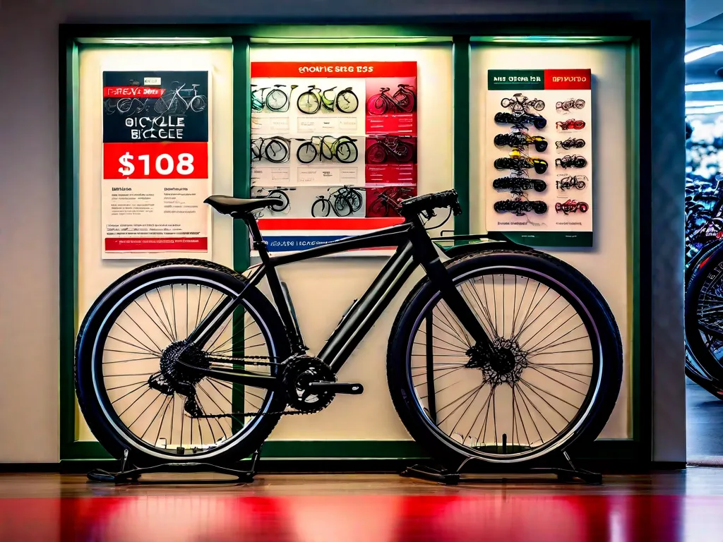 Uma imagem de uma bicicleta estacionada ao lado de uma exposição de etiquetas de preço em uma loja de bicicletas. As etiquetas de preço mostram diversos preços para diferentes tipos de bicicletas, refletindo as tendências atuais do mercado e a variedade de opções disponíveis para os consumidores. Essa imagem simboliza as considerações finais sobre os preços atuais, destacando a importância de le