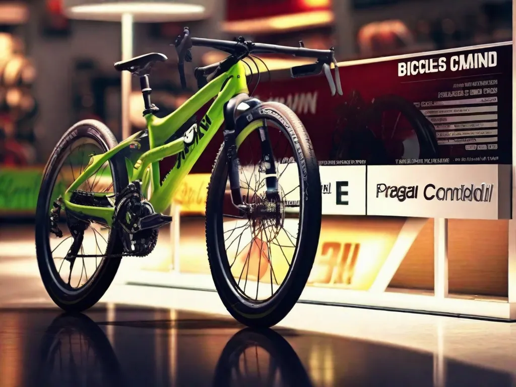 Uma imagem de uma bicicleta estacionada ao lado de uma exposição de etiquetas de preço, com vários fatores escritos nela, como marca, condição, componentes e demanda. Isso representa visualmente os diferentes elementos que contribuem para determinar o valor das bicicletas no mercado.