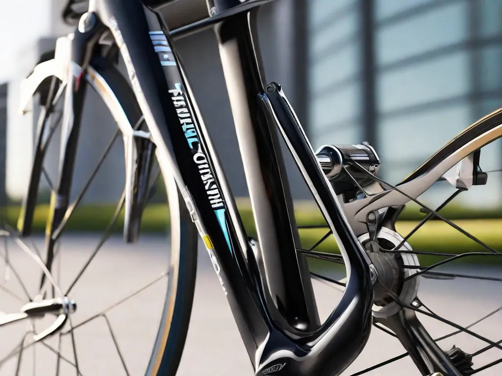 Descrição da imagem: Um close-up de uma bicicleta elegante e sofisticada, com componentes de última geração. A moldura metálica brilhante reflete a luz do sol, mostrando a qualidade artesanal da bicicleta. A imagem captura a atenção aos detalhes e a engenharia de precisão que são empregadas na criação de uma experiência de ciclismo de primeira linha.