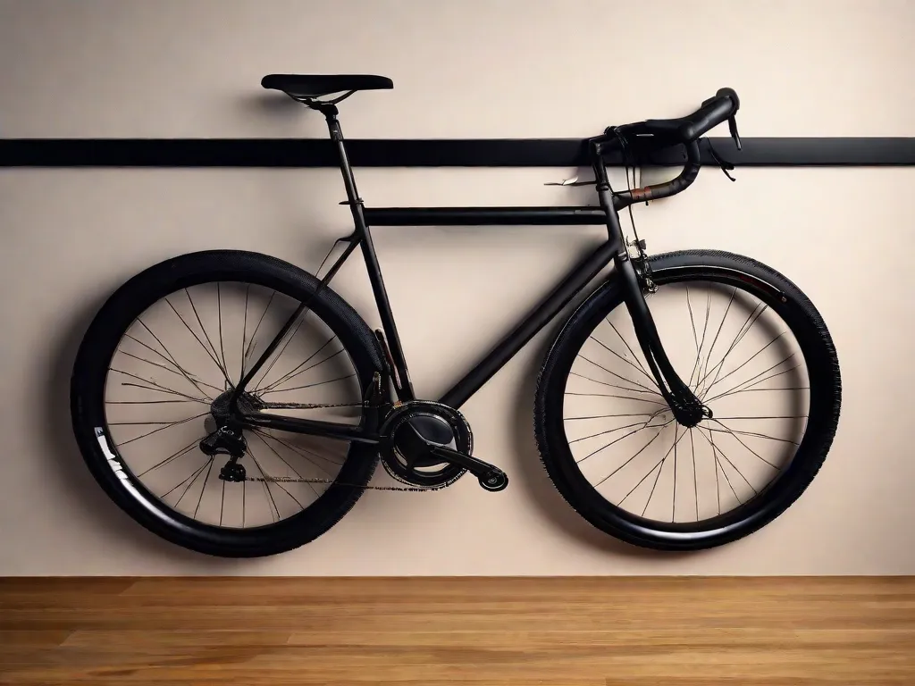 Uma bicicleta preta e elegante fica pendurada em um suporte de madeira fixado na parede, com seus pneus descansando de forma segura em ganchos especialmente projetados. O design minimalista permite que a bicicleta se torne uma peça estilosa de arte funcional, adicionando um toque de charme urbano a qualquer ambiente.