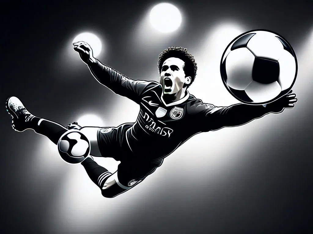 Uma imagem em preto e branco de um jogador de futebol no ar, suspenso em um movimento perfeito de bicicleta. A perna esticada do jogador está prestes a fazer contato com a bola, enquanto a multidão ao fundo observa maravilhada. A imagem captura a habilidade e a destreza necessárias para executar uma bicicleta, mostrando as origens deste gol icônico na