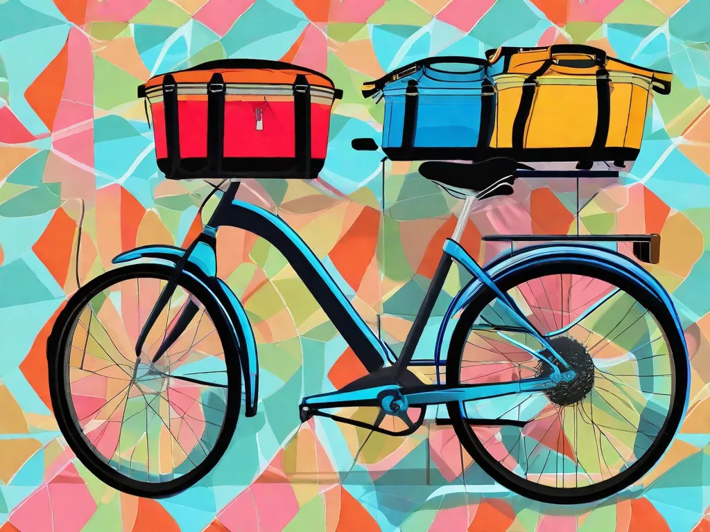 Descrição da imagem: Um close-up de uma bicicleta com um suporte traseiro cheio de vários tipos de bolsas e alforjes. As bolsas são coloridas e bem organizadas, mostrando sua versatilidade para transportar mantimentos, itens essenciais para o trabalho e outros pertences. Esta imagem destaca a conveniência e facilidade de mobilidade que vem com o uso de bolsas e bagagens para transporte em uma bic