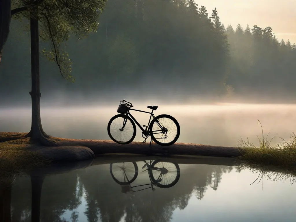Uma imagem serena de uma bicicleta encostada em um tranquilo e nebuloso cenário de floresta. A silhueta da bicicleta reflete em um lago calmo, sugerindo um passeio meditativo e solitário no coração da natureza, incorporando o foco e a calma semelhantes ao Zen alcançados através do ciclismo.