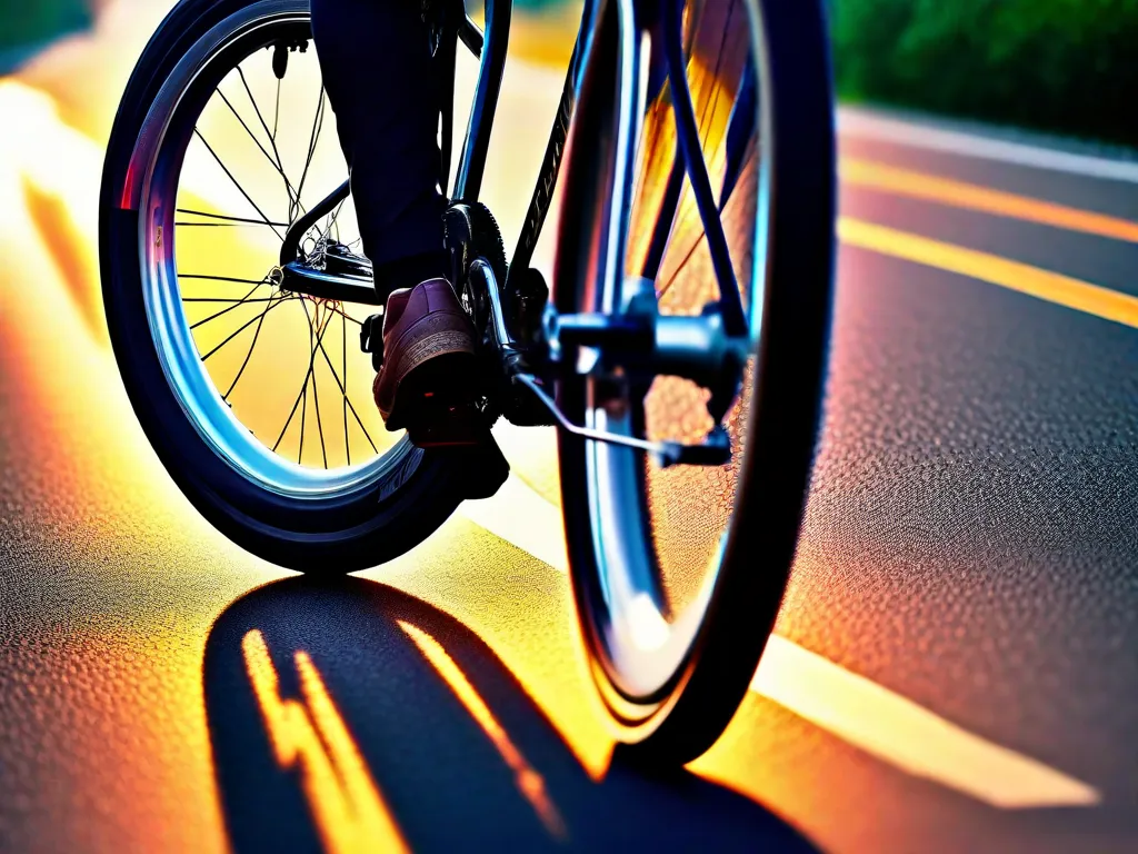 Descrição: Uma imagem em close-up de um pneu de bicicleta brilhante rolando em uma estrada lisa e pavimentada. A luz do sol reflete no pneu, mostrando seu design elegante e destacando a empolgação de embarcar em uma jornada de ciclismo.