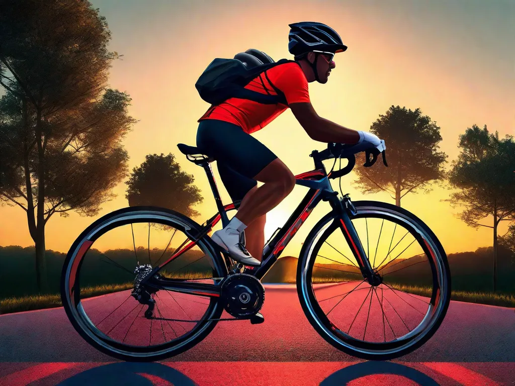 Uma bicicleta bem iluminada em uma estrada tranquila ao entardecer, com faixas refletoras no quadro e nas rodas, um farol de LED brilhante e uma luz traseira vermelha. O ciclista usa um colete de alta visibilidade, capacete e luvas, e está verificando o espelho retrovisor acoplado ao guidão.