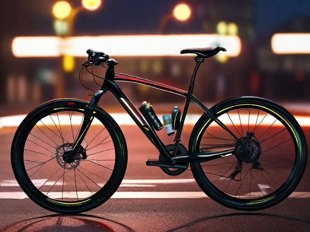 Uma bicicleta equipada com equipamentos de segurança refletivos: luzes dianteiras e traseiras brilhantes, faixas refletivas no quadro e rodas com raios refletivos. O fundo é um cenário urbano escuro, com postes de iluminação projetando um brilho suave na estrada vazia à frente.