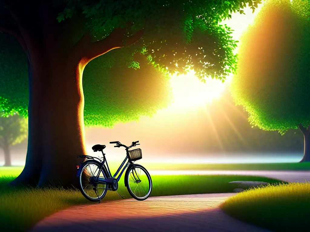 Descrição da imagem: Um dia vibrante e ensolarado com uma paisagem pitoresca no campo. No primeiro plano, uma bicicleta solitária descansa contra uma árvore, suas rodas girando preguiçosamente. A imagem transmite uma sensação de liberdade, exploração e alegria de embarcar em uma jornada pessoal.
