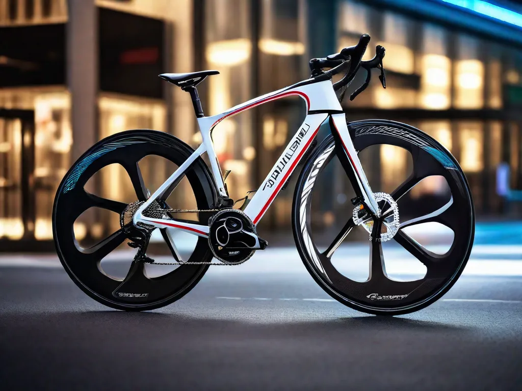 Uma imagem de uma bicicleta moderna e elegante com recursos avançados de tecnologia, como troca eletrônica de marchas, navegação por GPS e luzes inteligentes integradas. A bicicleta está em frente a um cenário futurista, simbolizando os rápidos avanços tecnológicos no mundo do ciclismo.