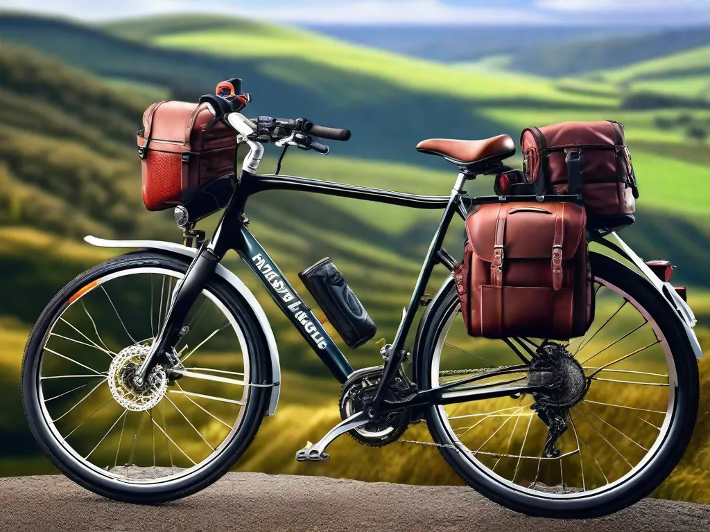 Uma bicicleta de turismo totalmente equipada, com alforjes tanto nos bagageiros dianteiros quanto nos traseiros, estacionada diante de um mirante cênico. A bicicleta está voltada para uma estrada sinuosa que desaparece em uma paisagem de colinas ondulantes, sinalizando o início de uma aventura.