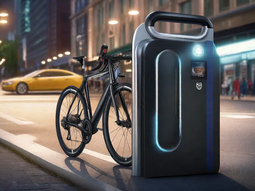 Um resistente cadeado em U prende uma elegante bicicleta de estrada a um movimentado suporte de bicicletas na cidade, com uma câmera de vigilância CCTV bem visível acima, simbolizando medidas de segurança contra roubo.