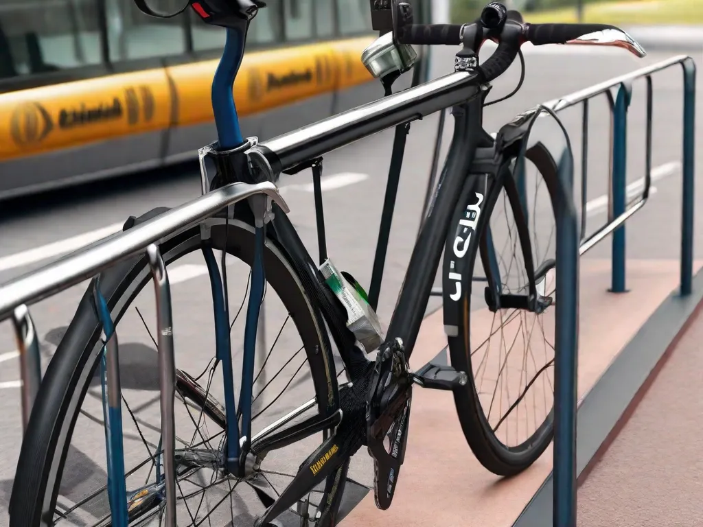 Um resistente cadeado em U prende uma elegante bicicleta de estrada a um robusto suporte de metal para bicicletas em uma área urbana bem iluminada, com câmeras de vigilância visíveis ao fundo. O quadro da bicicleta e a roda traseira estão ambos trancados ao suporte, demonstrando medidas eficazes de prevenção de roubo.