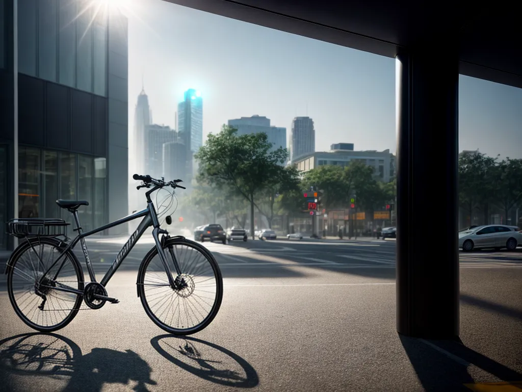 Um robusto cadeado em U assegurando uma elegante bicicleta de estrada a um resistente e imóvel suporte de bicicletas em uma área urbana movimentada e bem iluminada. O quadro da bicicleta e ambas as rodas estão trancados, demonstrando medidas efetivas de prevenção de furto. Câmeras de vigilância visíveis adicionam uma camada extra de segurança.