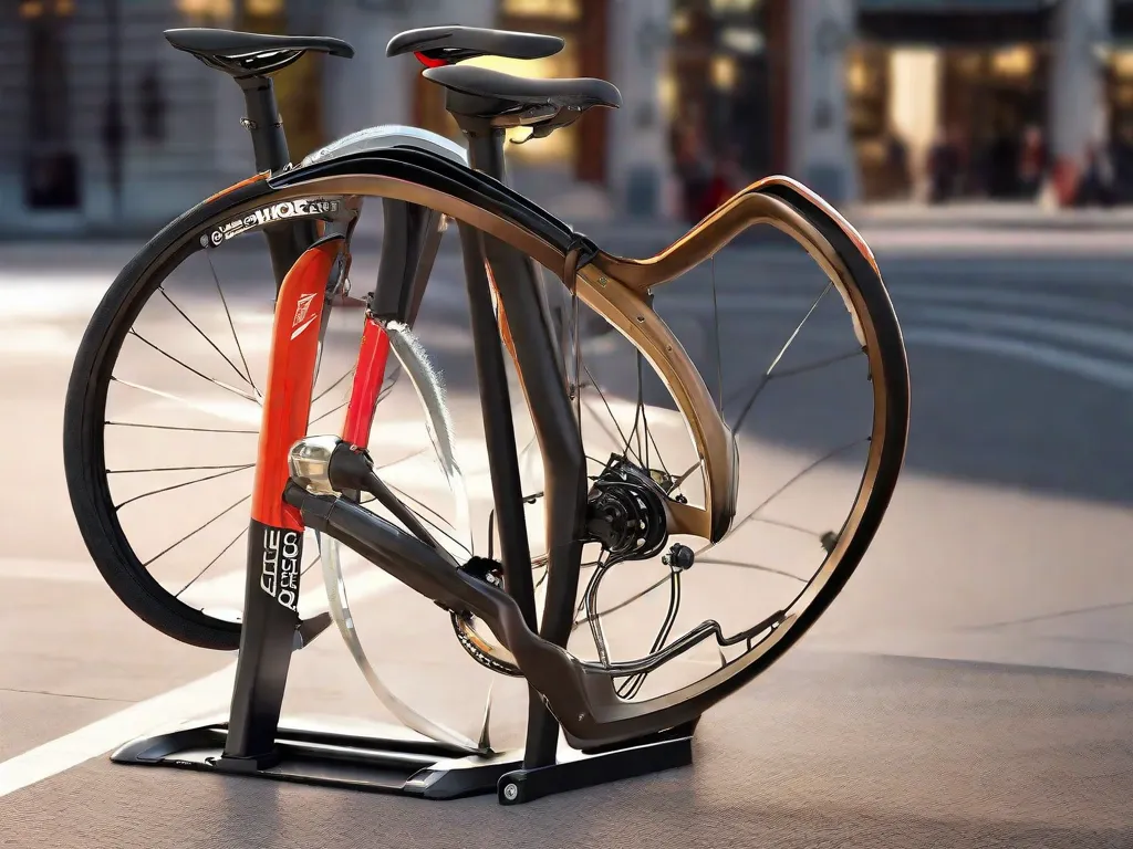 Um resistente cadeado em U prende uma elegante bicicleta de estrada a um robusto suporte de metal para bicicletas em uma área urbana bem iluminada, com câmeras de vigilância visíveis ao fundo. O quadro da bicicleta e a roda traseira estão ambos trancados ao suporte, demonstrando medidas eficazes de prevenção de roubo.