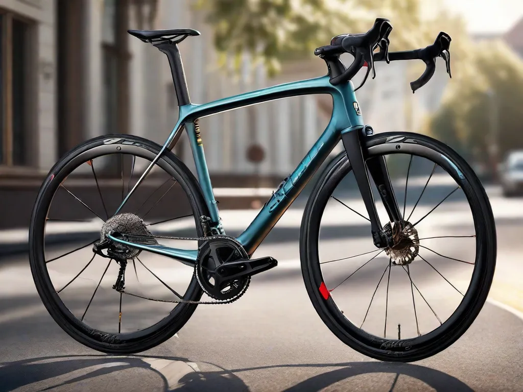 Um resistente cadeado em U prende uma elegante bicicleta de estrada a um robusto suporte para bicicletas imóvel. O quadro e ambas as rodas estão seguros, com um adesivo de registro visível no tubo do selim, indicando seu registro em um banco de dados anti-furto de bicicletas.