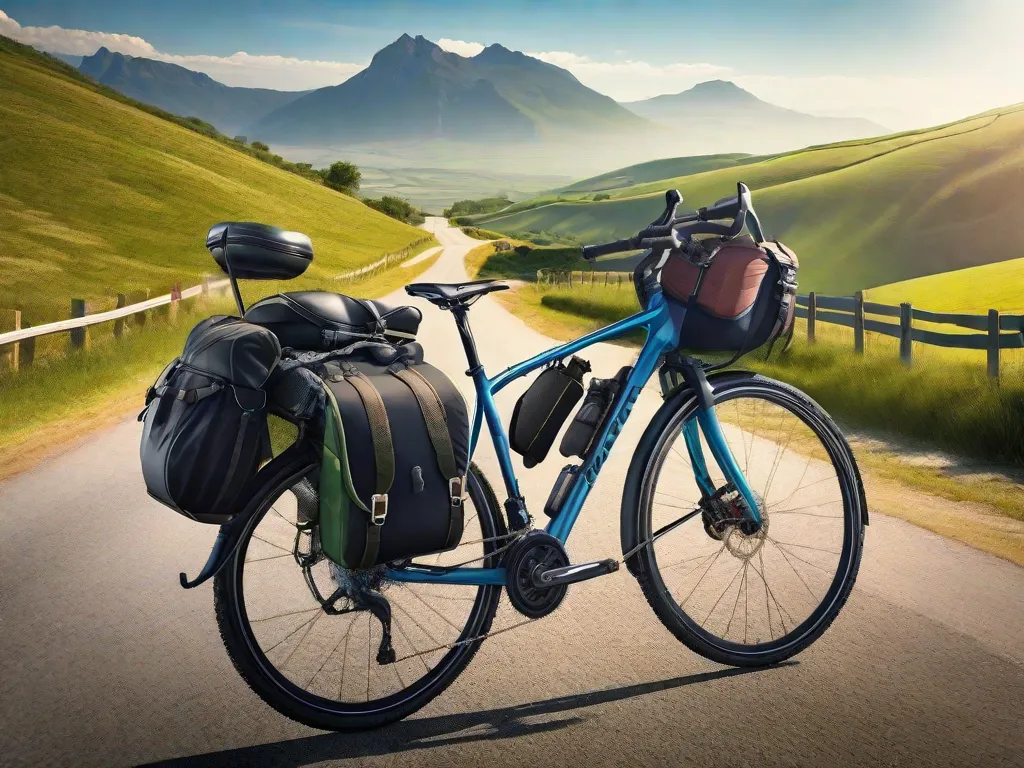 Uma bicicleta carregada com alforjes está parada em uma trilha montanhosa cênica, com vista para um vale de tirar o fôlego. A bicicleta está apoiada em um poste de sinalização de madeira que indica várias rotas de ciclismo, com a névoa da manhã subindo das colinas distantes, sugerindo o início de uma jornada aventureira pela nature