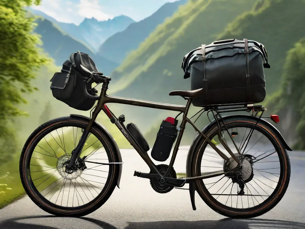 Uma bicicleta de turismo totalmente equipada com alforjes diante de um cenário montanhoso pitoresco. A bicicleta está parada em uma estrada tranquila, cercada por vegetação exuberante. Um capacete pende do guidão, sugerindo uma pausa no meio de uma aventura.