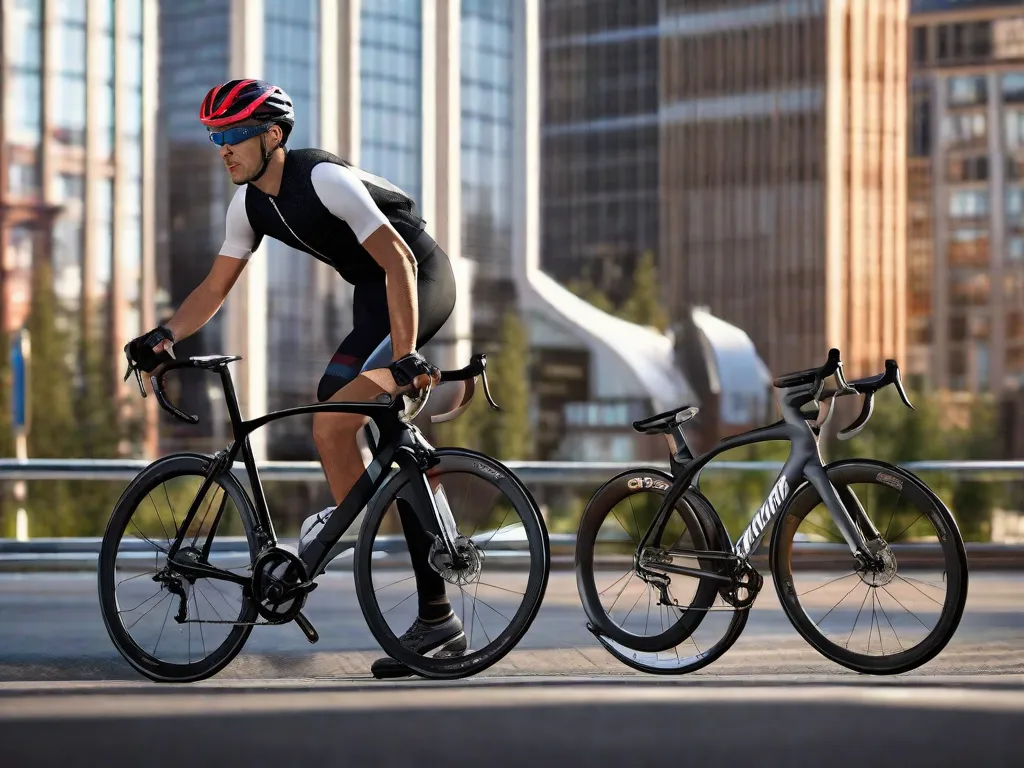 Uma elegante bicicleta de estrada e uma robusta bicicleta híbrida lado a lado contra um cenário urbano. Os pneus finos da bicicleta de estrada, o guidão curvado e o quadro aerodinâmico contrastam com os pneus mais largos da híbrida, o guidão reto e o design versátil.