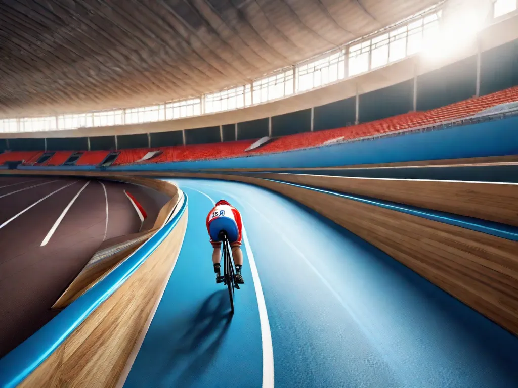 Uma bicicleta de pista aerodinâmica e elegante está encostada na curva inclinada e vibrante de cor azul do velódromo. O fundo desfoca, destacando as linhas precisas da bicicleta e a superfície lisa da pista de madeira que aguarda o zumbido das rodas e a emoção da competição em alta velocidade.