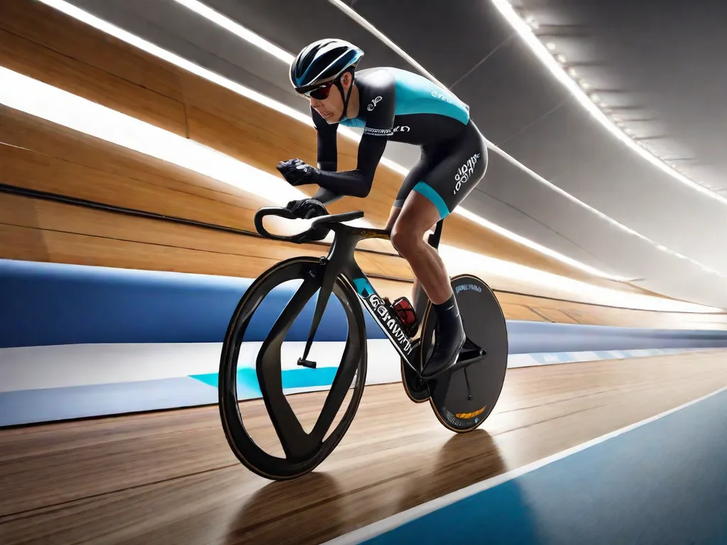 Uma elegante bicicleta de pista aerodinâmica está encostada na grade do velódromo. A superfície de madeira lisa e inclinada da pista se estende, com as linhas que marcam as faixas refletindo sutilmente a iluminação superior. Um capacete e luvas repousam no guidão, prontos para a rápida jornada de um ciclista.