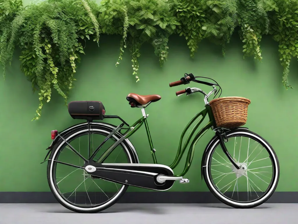 Uma bicicleta elegante e moderna está encostada em uma vibrante parede verde coberta de vinhas frondosas, simbolizando a harmonia entre o ciclismo e a sustentabilidade ambiental. A cesta da bicicleta está cheia de produtos frescos, reforçando a mensagem ecológica de redução das pegadas de carbono através do poder dos pedais.