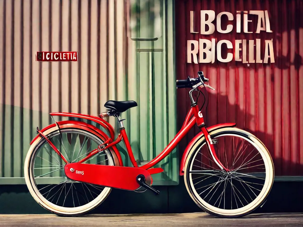 A imagem mostra um close-up de uma bicicleta vermelha em um fundo vibrante. A palavra