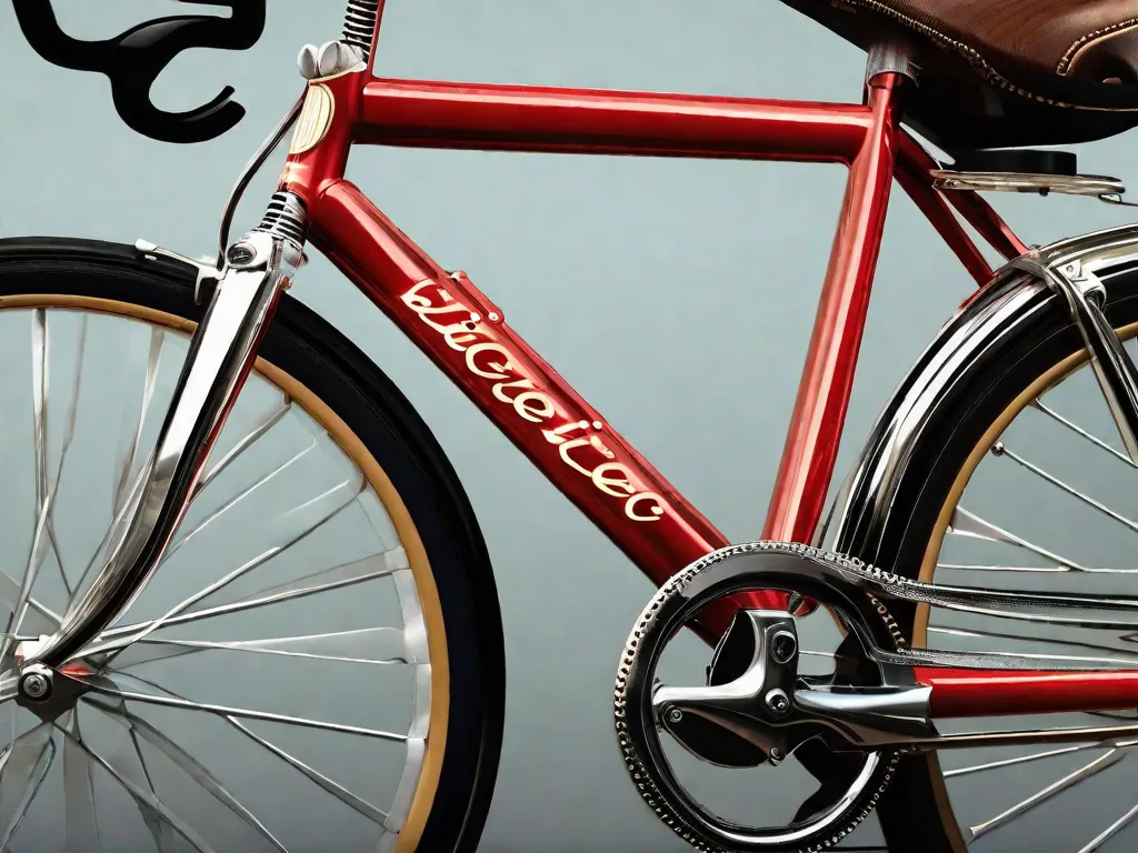 A imagem mostra um close-up de uma bicicleta vermelha em um fundo vibrante. A palavra