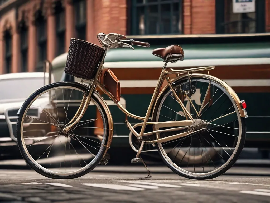 Uma imagem de uma bicicleta vintage estacionada ao lado de uma rua movimentada da cidade. A bicicleta representa o poder transformador da primeira bicicleta, mostrando como ela revolucionou o transporte e moldou a paisagem urbana que conhecemos hoje.