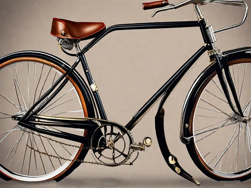 Descrição da imagem: Uma fotografia em close-up de uma bicicleta vintage, mostrando seus detalhes intricados e artesanato. A bicicleta possui um quadro elegante, guidão curvo e um assento confortável de couro. Suas rodas são adornadas com raios clássicos, enquanto os pedais e engrenagens exibem um charme atemporal.