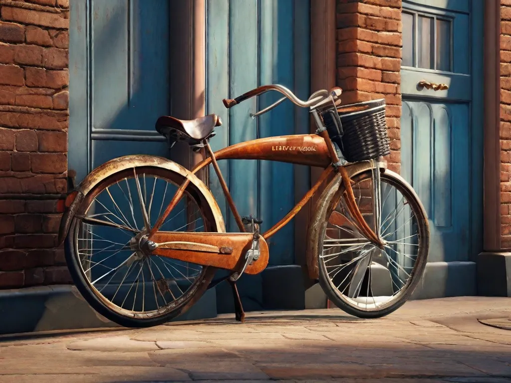 Descrição da imagem: Um close-up de uma bicicleta vintage encostada em uma parede de tijolos. O assento de couro desgastado e o guidão enferrujado contam histórias de inúmeras aventuras, enquanto a luz do sol ilumina seu charme envelhecido. Essa imagem captura o fascínio de comprar bicicletas usadas, evocando uma sensação de nostalgia e a