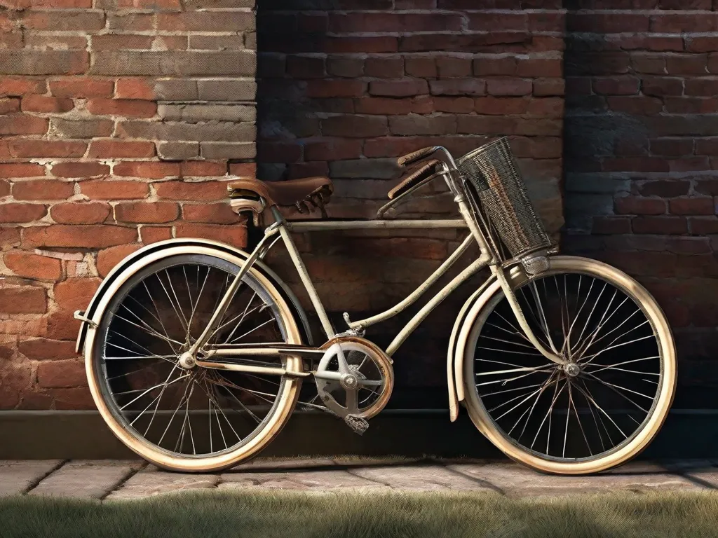 Uma bicicleta vintage está encostada em uma parede de tijolos desgastada pelo tempo; seu quadro exibe um trabalho de arabescos intrincado, a pátina da idade em suas superfícies metálicas. Um selim de couro, desgastado mas ainda digno, fala de inúmeras jornadas, enquanto os raios e rodas restaurados brilham sutilmente, pront
