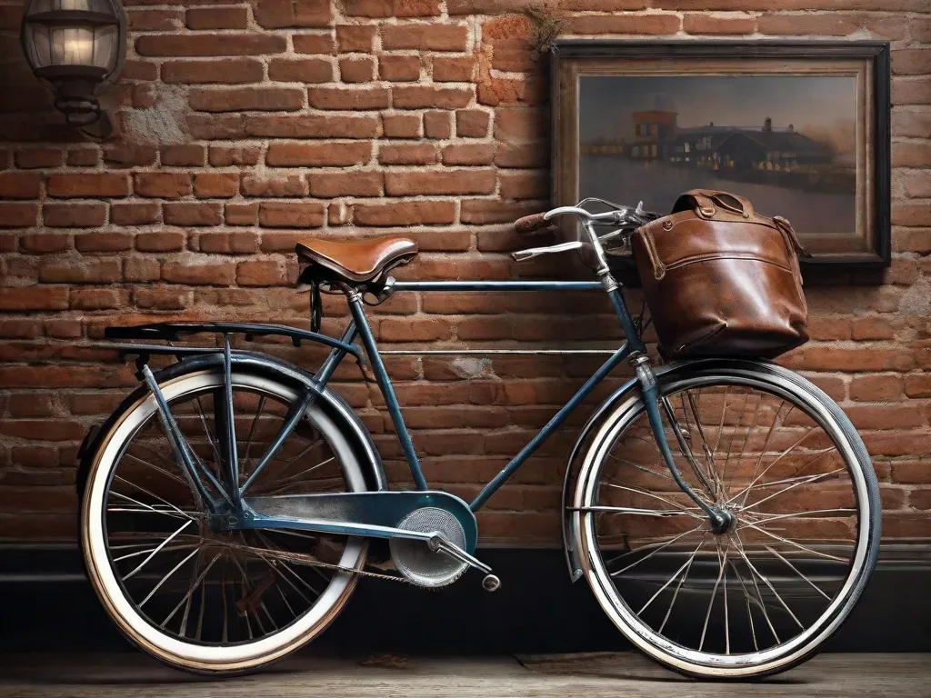 Uma bicicleta vintage está encostada em uma parede de tijolos antigos; seu quadro exibe uma pátina de ferrugem e tinta velha, enquanto o selim de couro e os punhos do guidão sugerem uma era passada. Raios restaurados e brilhantes e um farol polido insinuam o valor de sua restauração histórica.