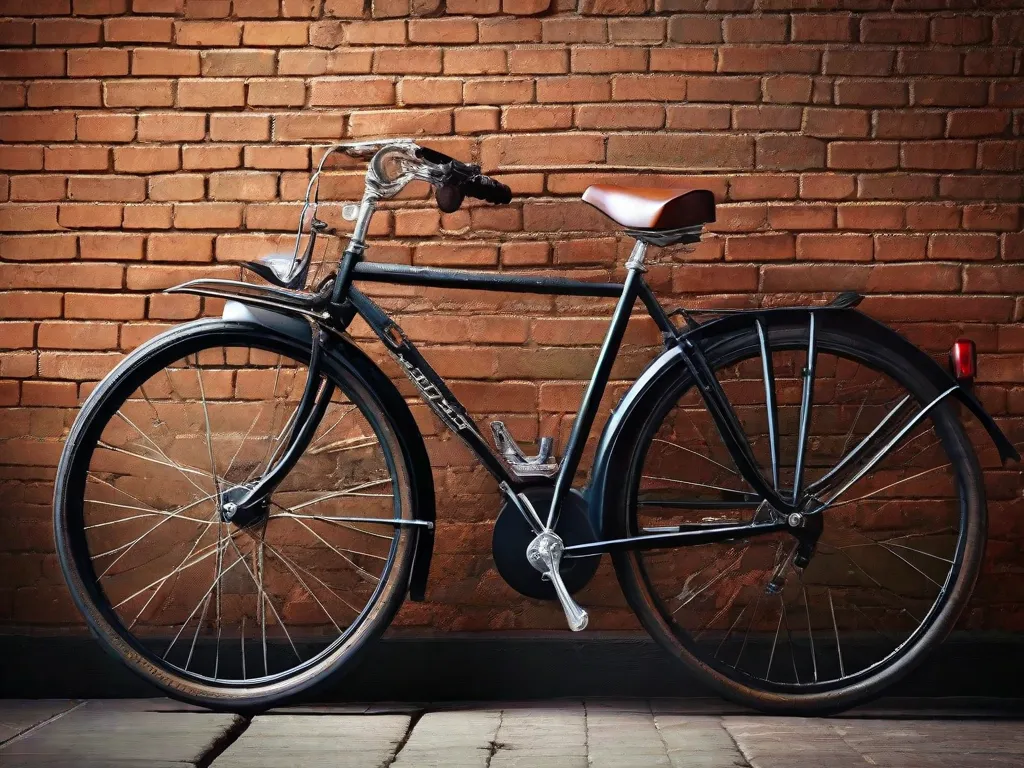 Uma bicicleta vintage está encostada em uma parede de tijolos antigos; seu quadro exibe um trabalho de arabescos intrincado, um selim de couro e um farol posicionado no topo do para-lama dianteiro. Pontos de ferrugem salpicam as bordas de aço, insinuando histórias de passeios passados e a elegância atemporal que espera por restauração.