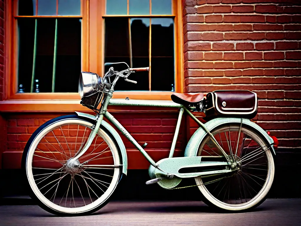 Uma bicicleta vintage está encostada em uma parede de tijolos antigos, seu quadro adornado com desenhos intricados, sugerindo uma época passada. Ferrugem salpica o guidão e o selim de couro, enquanto um farol clássico se situa orgulhosamente acima do para-lama dianteiro, evocando memórias nostálgicas dos primeiros dias do cic