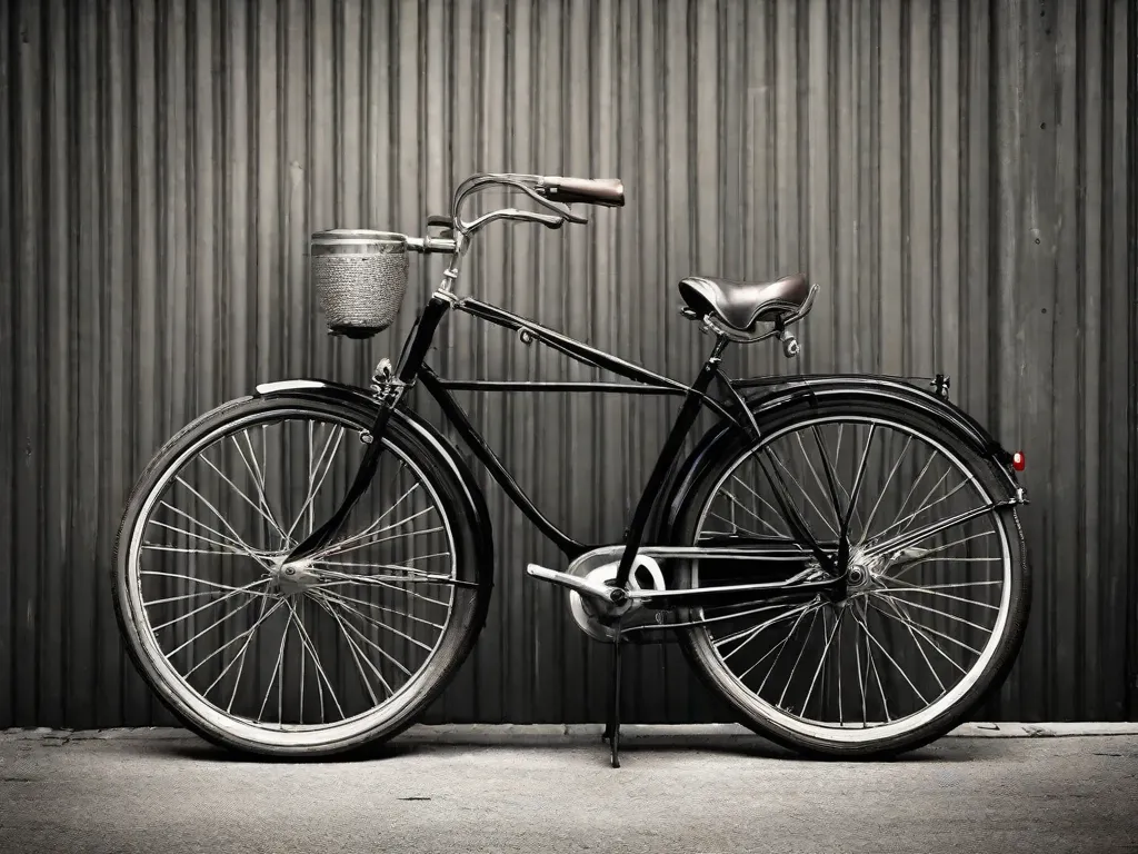 Na imagem, uma fotografia vintage em preto e branco captura uma cena histórica grandiosa. Uma estrutura de madeira com duas rodas grandes e um quadro de madeira se destaca com orgulho, representando a primeira bicicleta do mundo. A elaborada habilidade artesanal e a simplicidade do design mostram a engenhosidade e o espírito pioneiro de seu criador.
