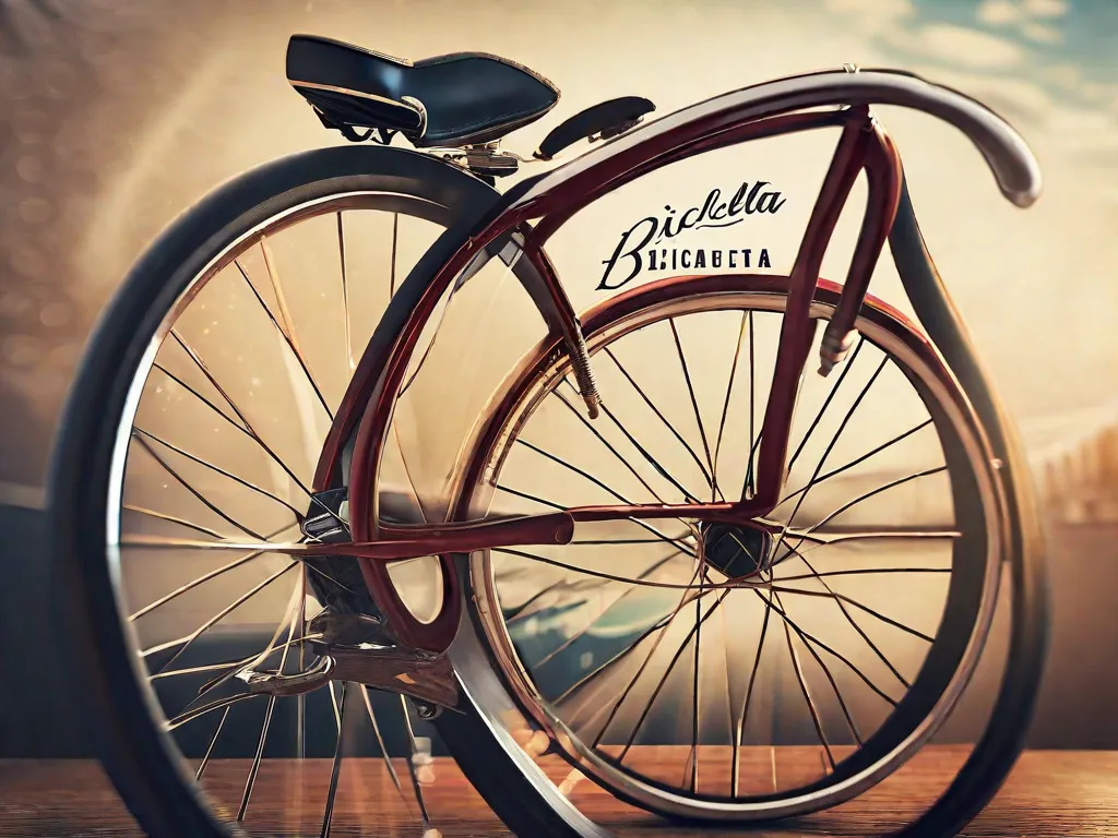 Descrição da imagem: Um close-up de uma bicicleta vintage com uma tipografia elegante exibida em seu quadro. A palavra