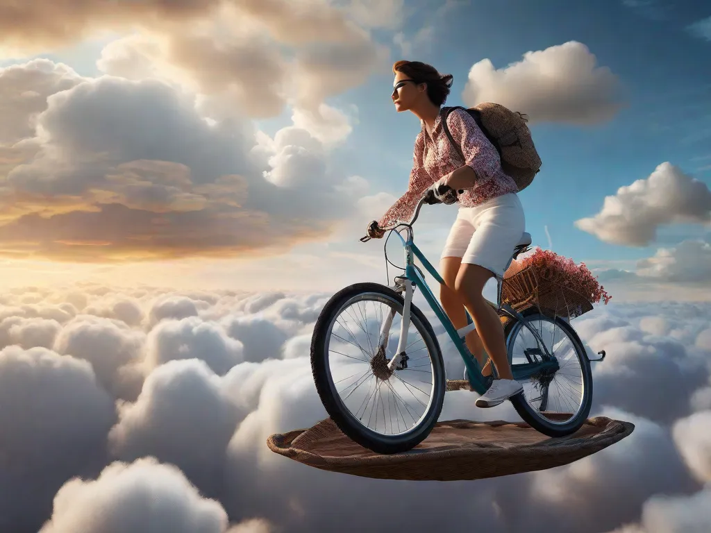 Descrição: Uma imagem surreal de uma bicicleta flutuando no céu, rodeada por nuvens brancas e fofas. A bicicleta é conduzida por uma pessoa de olhos fechados, simbolizando a exploração do subconsciente do sonhador em relação aos seus desejos e aspirações. A atmosfera onírica evoca uma sensação de liberdade e aventura.