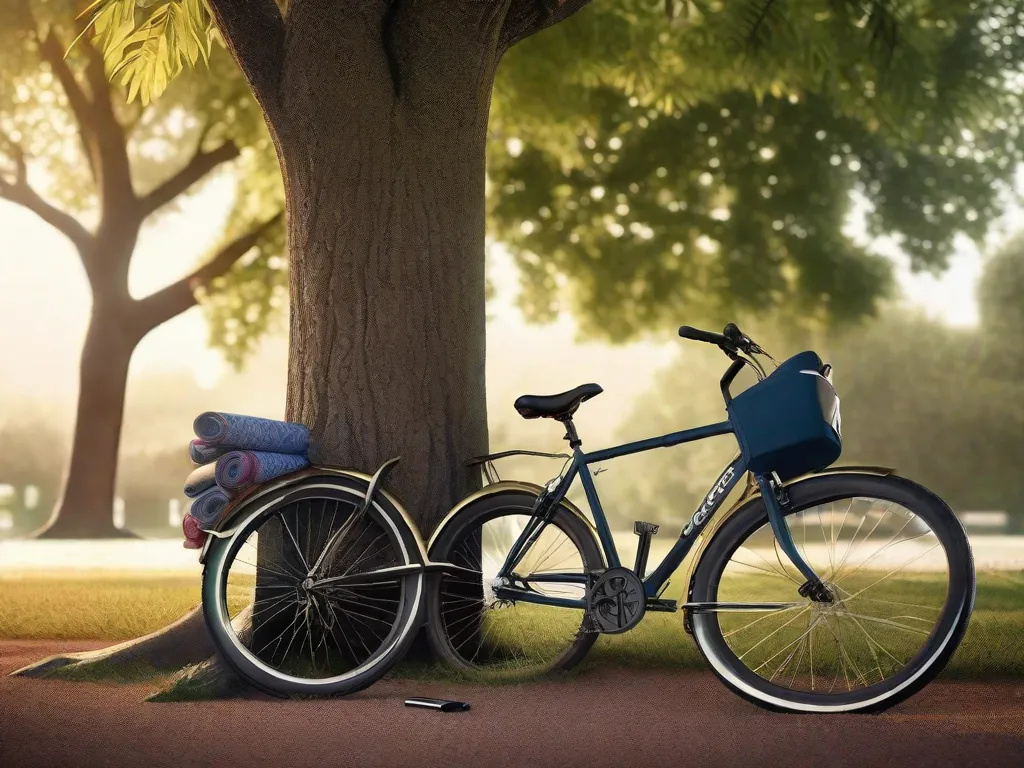 Uma imagem serena de uma bicicleta encostada em uma grande árvore tranquila, com um tapete de yoga enrolado ao lado. O fundo revela um cenário de parque pacífico, sugerindo uma combinação de práticas de ciclismo e yoga na natureza.