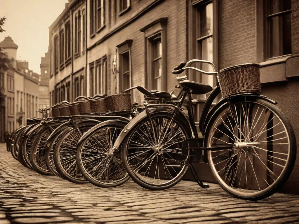 Uma fotografia em tons de sépia captura uma fileira de bicicletas antigas com grandes rodas dianteiras e pequenas rodas traseiras, conhecidas como
