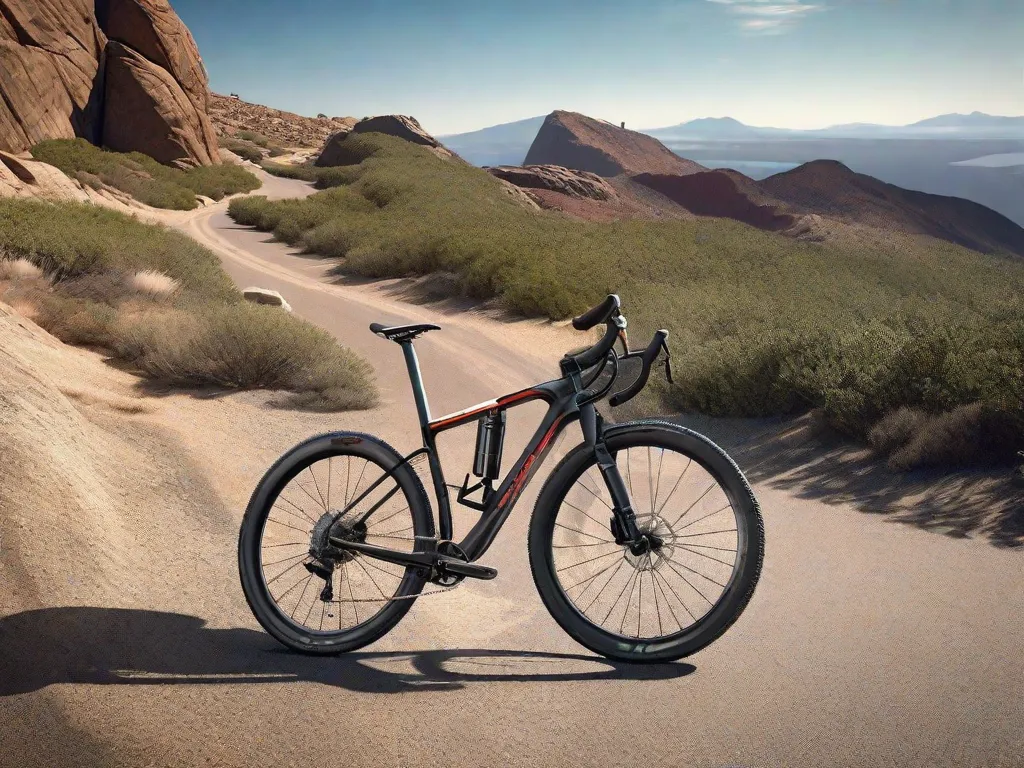 Uma elegante bicicleta de estrada apoia-se em um caminho pavimentado e liso, seus pneus finos e quadro aerodinâmico brilhando à luz do sol. Próximo, uma robusta bicicleta de montanha está sobre uma trilha rochosa, seus pneus grossos e com cravos e a suspensão reforçada sugerindo suas capacidades fora de estrada.