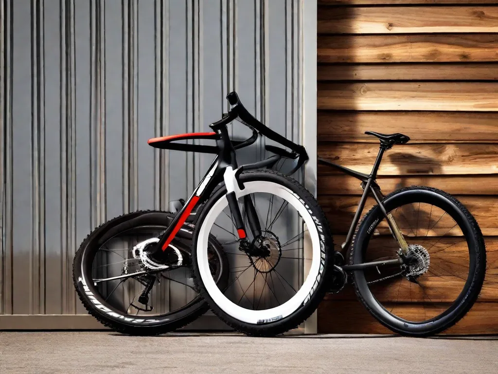 Uma imagem de duas bicicletas encostadas em uma cerca de madeira em um cenário ao ar livre pitoresco. À esquerda, uma bicicleta de estrada elegante com pneus finos e quadro aerodinâmico; à direita, uma bicicleta de montanha robusta com pneus largos e cravados e suspensão resistente.