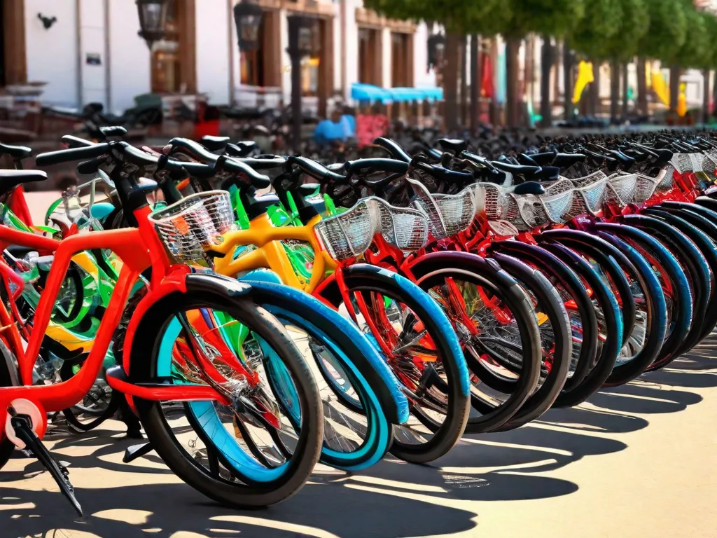 Descrição: Uma imagem vibrante mostrando uma variedade de bicicletas alinhadas para venda em um dia ensolarado em um mercado movimentado. As bicicletas, que vão desde elegantes bicicletas de estrada até robustas bicicletas de montanha, são exibidas com etiquetas de preço coloridas, convidando potenciais compradores a explorar suas opções.