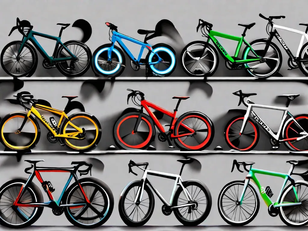 Descrição da imagem: Um grupo de bicicletas coloridas alinhadas contra uma parede, representando uma variedade de tipos de bicicleta adequados para diferentes alturas. Desde bicicletas de estrada elegantes até bicicletas de montanha robustas, cada bicicleta está rotulada com sua faixa de altura recomendada, oferecendo opções para ciclistas de todos os tamanhos.